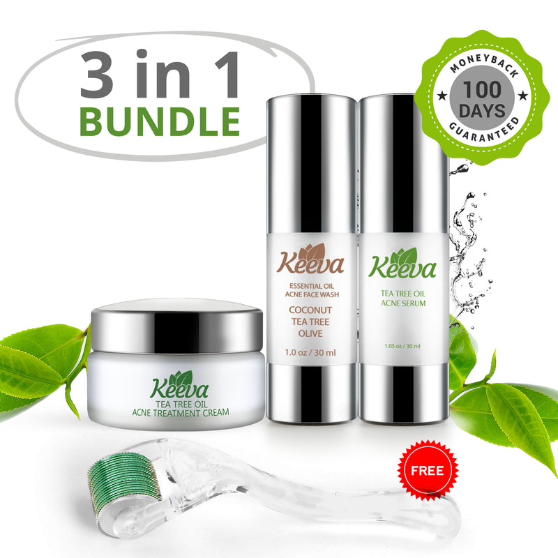 Ultimate Acne Kit (3 in 1) PLUS FREE Derma Roller! - Keeva’s ORIGINAL Tea Tree Oil Acne Formula. Comes with Face Wash, Acne Cream, and Acne Serum!