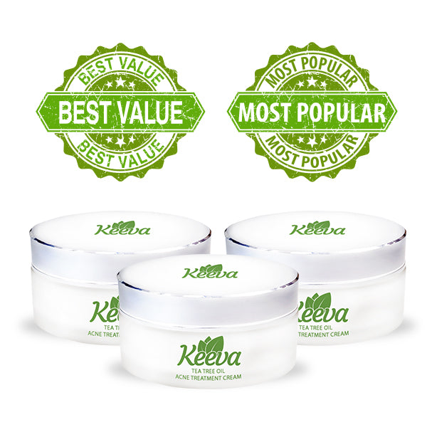 3 Jars of Keeva's #1 Selling Tea Tree Oil Acne Treatment Cream For All Types of Acne & All Skin Types. Our Guarantee: Be Over 90% Acne-Free In 100 Days or Less Without Dry Skin or It's FREE!